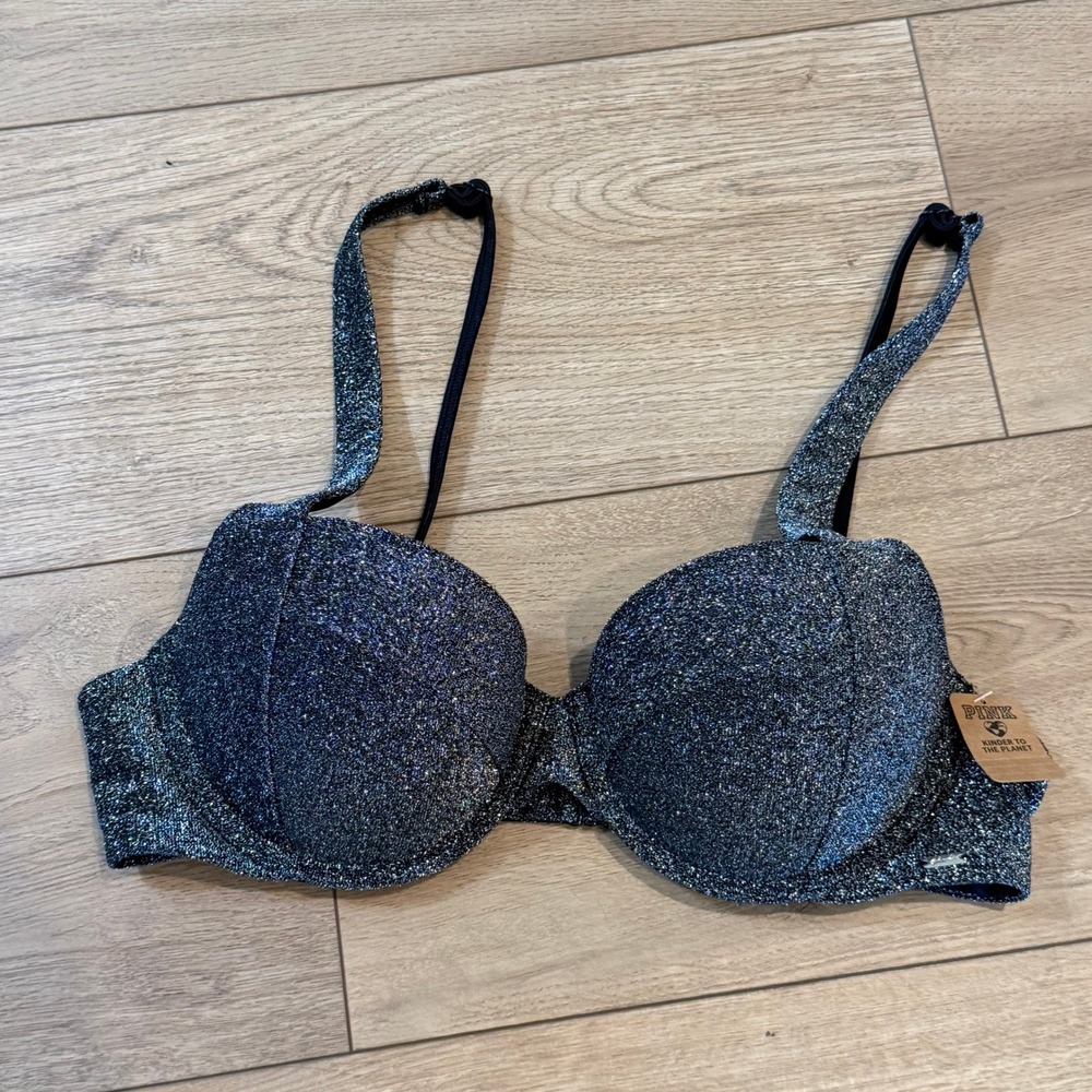 Victorias Secret‎ PINK Metallic Glitter Push Up Bikini Silver Black M 11218248